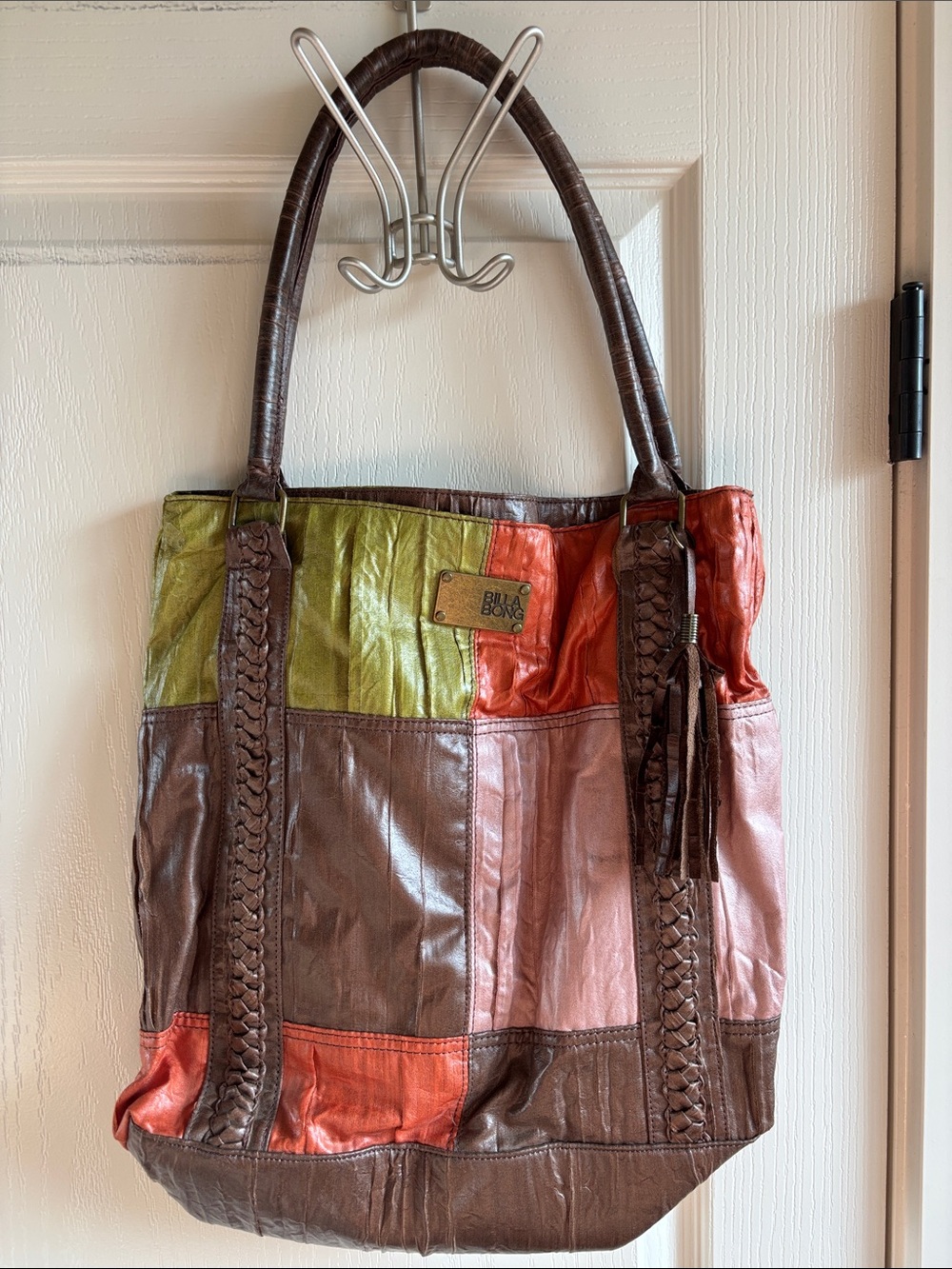 Billabong Multicolor Patchwork Leather Tote - Brown, Green & Red